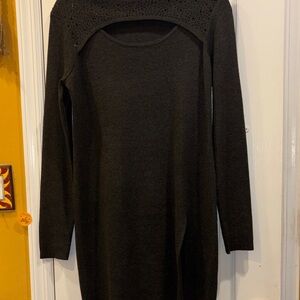 CABLE & GAUGE MOCK TURTLENECK SWEATER DRESS WITH CUT OUT ON FRONT SPARKLES TOO